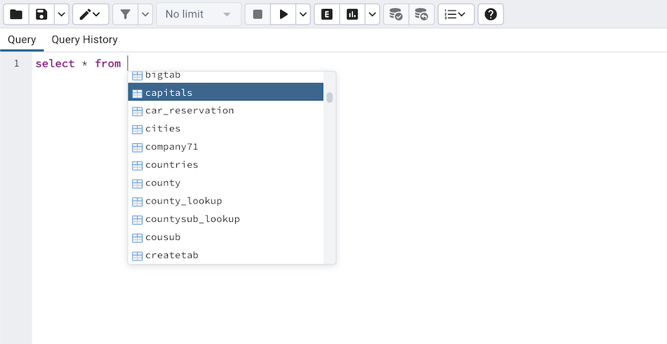 Query tool autocomplete feature