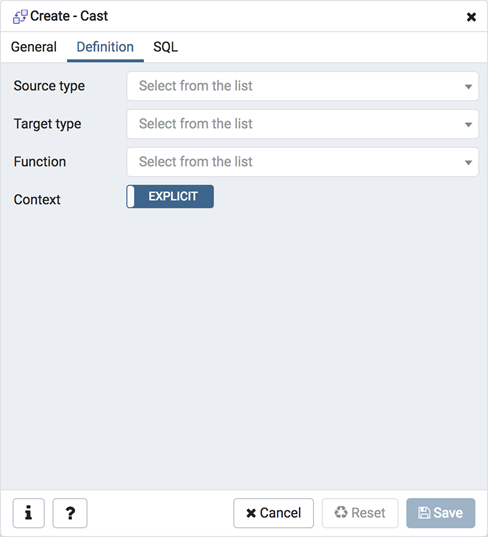 Cast dialog definition tab