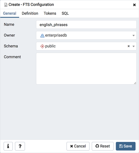 FTS configuration dialog general tab