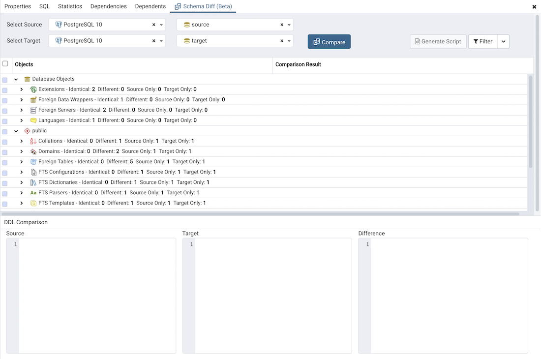 Schema diff comparison results