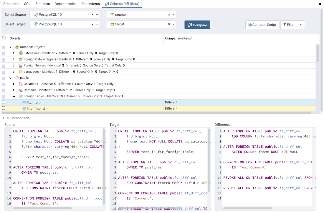 schema diff dialog