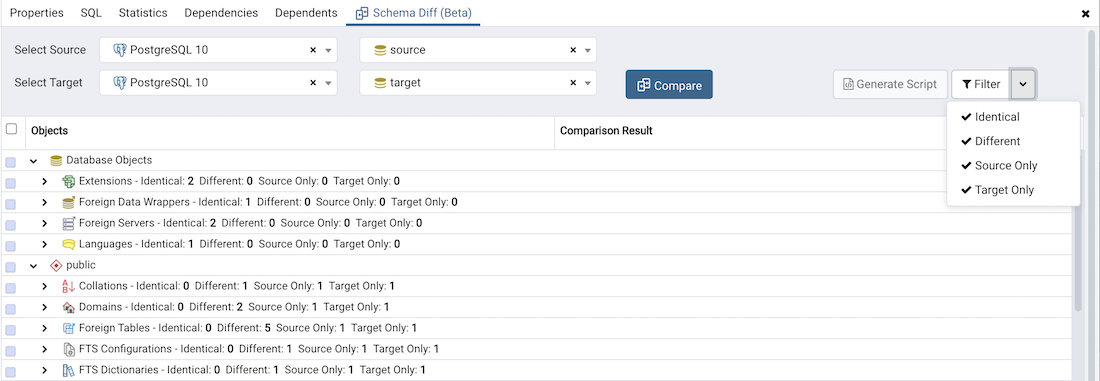 Schema diff filter option