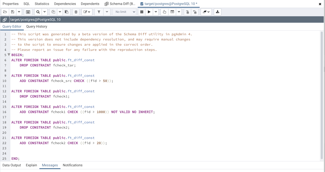 Schema diff generate script query editor