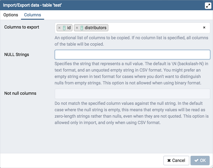 Import Export data dialog columns tab