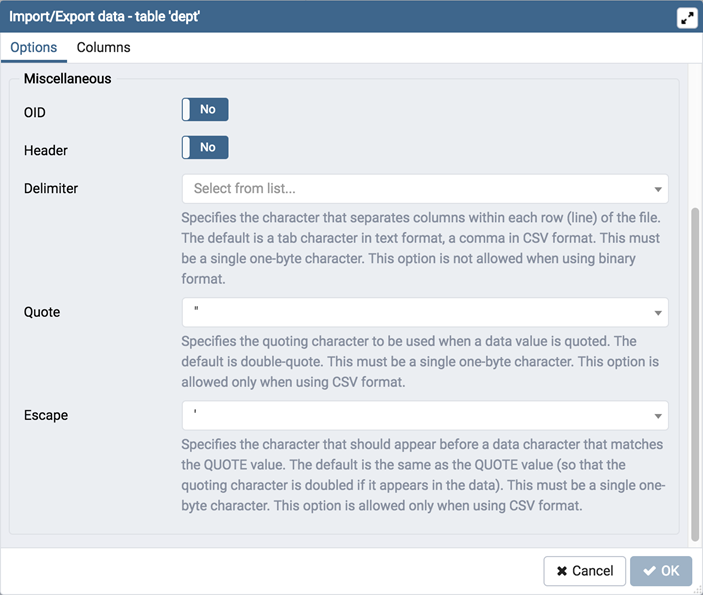 Import Export data dialog miscellaneous tab