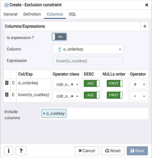 Exclusion constraint dialog columns tab