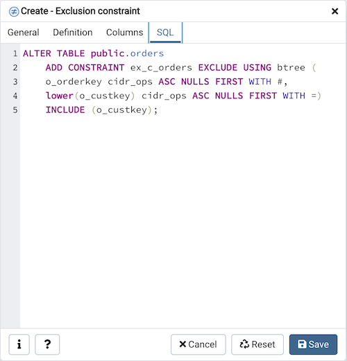 Exclusion constraint dialog sql tab