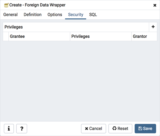 Foreign data wrapper dialog security tab