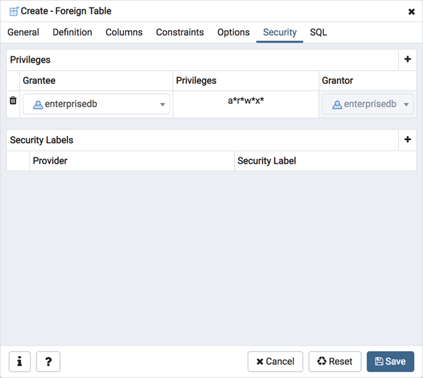 Foreign table dialog security tab
