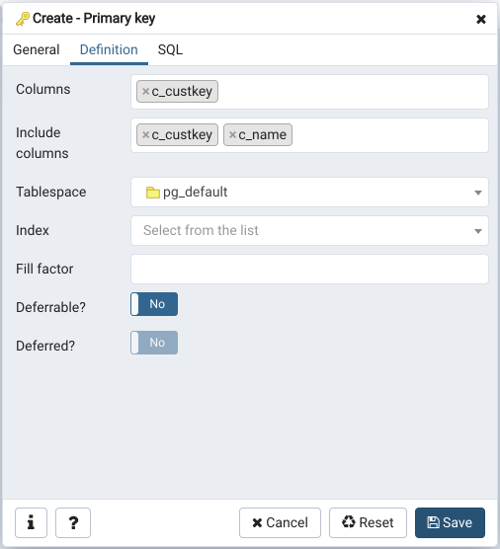 Table dialog primary key constraint definition