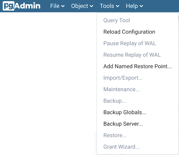 pgAdmin tools menu bar