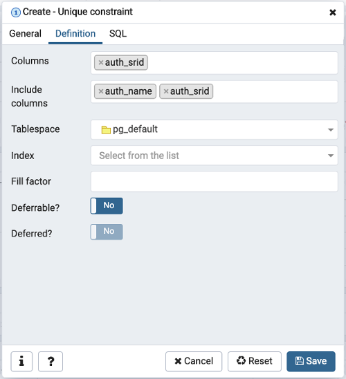 Table dialog unique constraint definition