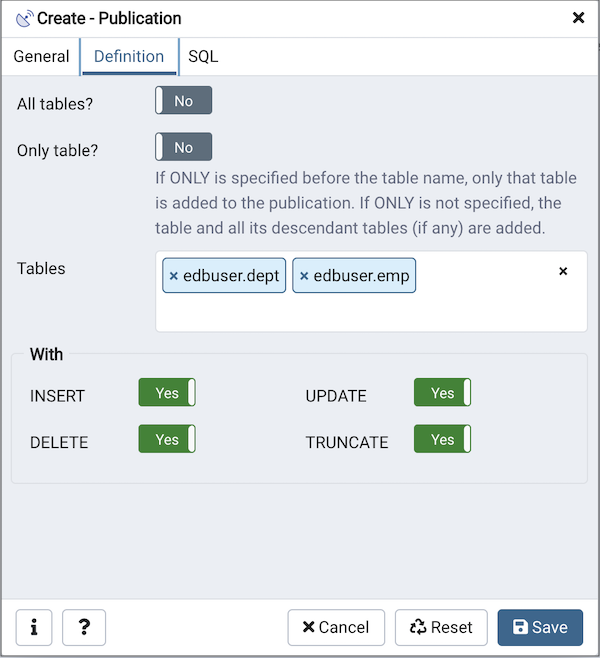 Publication dialog definition tab