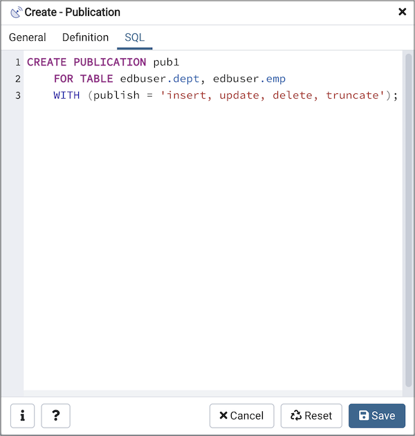 Publication dialog sql tab