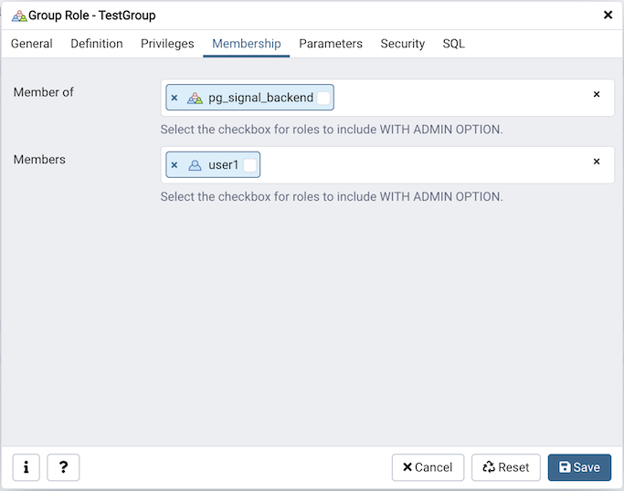 Role dialog membership tab