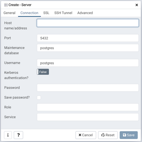 Server dialog connection tab