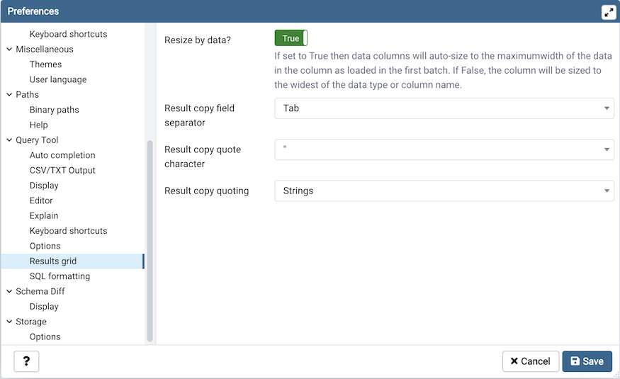 Preferences dialog sql results grid section