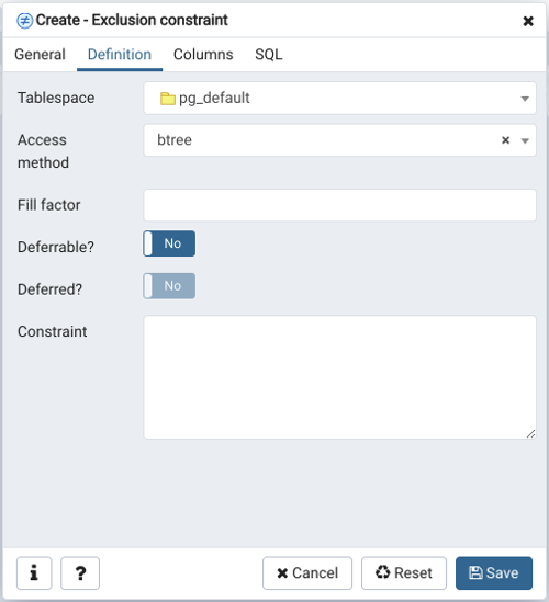 Table dialog exclusion constraint definition