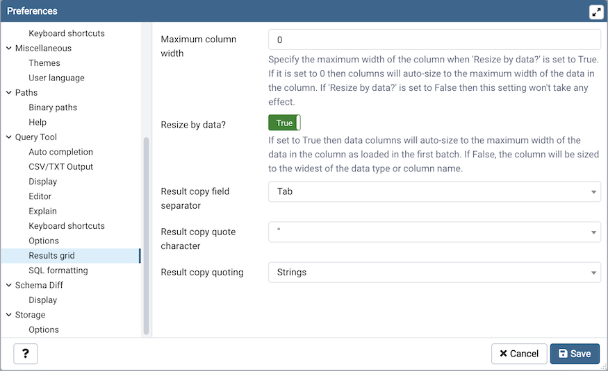 Preferences dialog sql results grid section