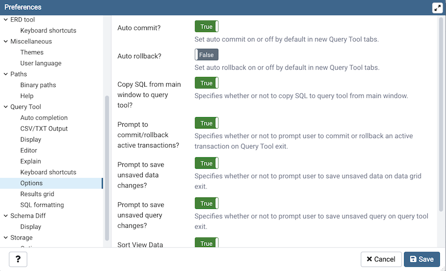 Preferences dialog sqleditor options section