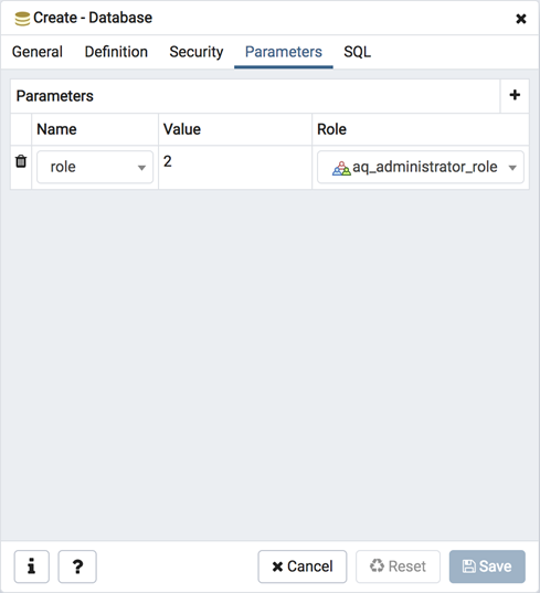 Database dialog parameters tab
