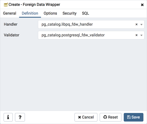 Foreign data wrapper dialog definition tab