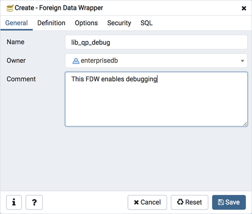 Foreign data wrapper dialog general tab