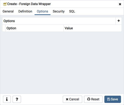 Foreign data wrapper dialog options tab