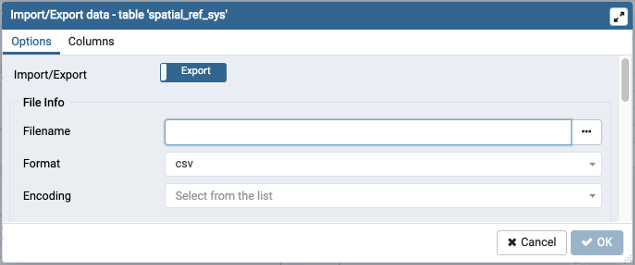 Import Export data dialog options tab
