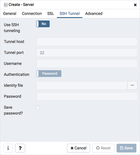 Server dialog ssh tunnel tab