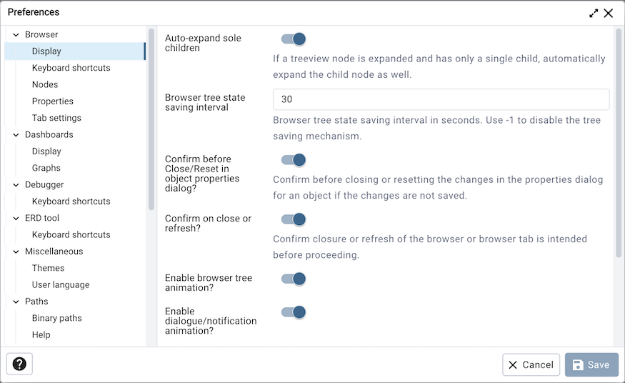 Preferences dialog browser display options
