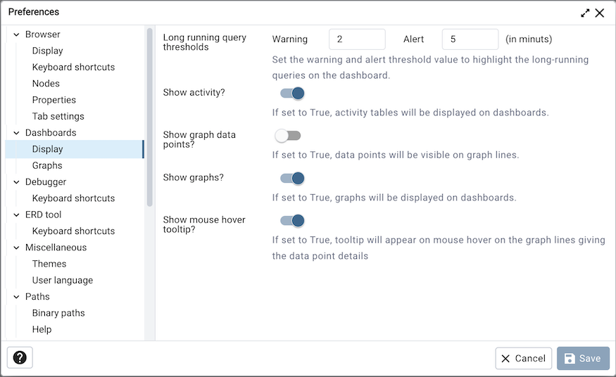 Preferences dialog dashboard display options