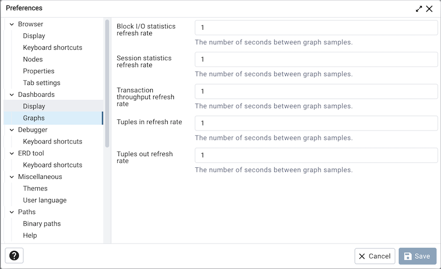 Preferences dialog dashboard graph options