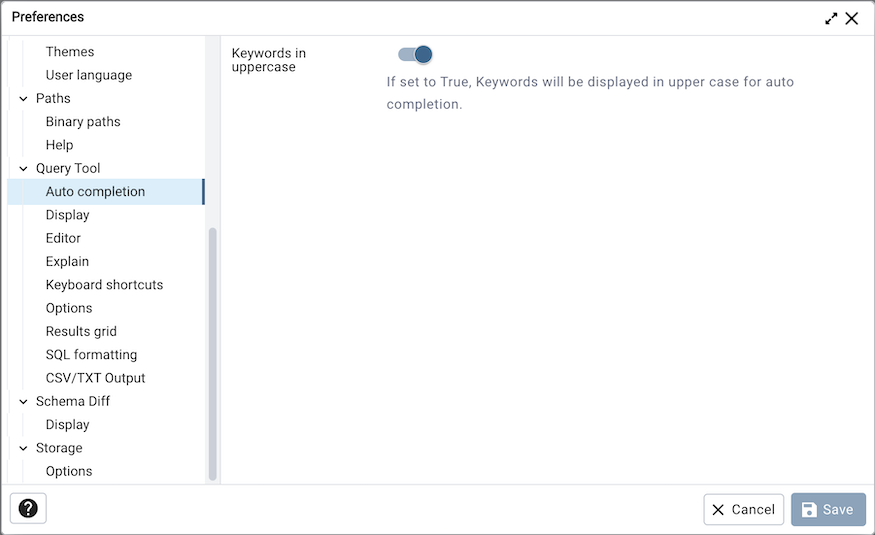 Preferences dialog sqleditor auto completion option