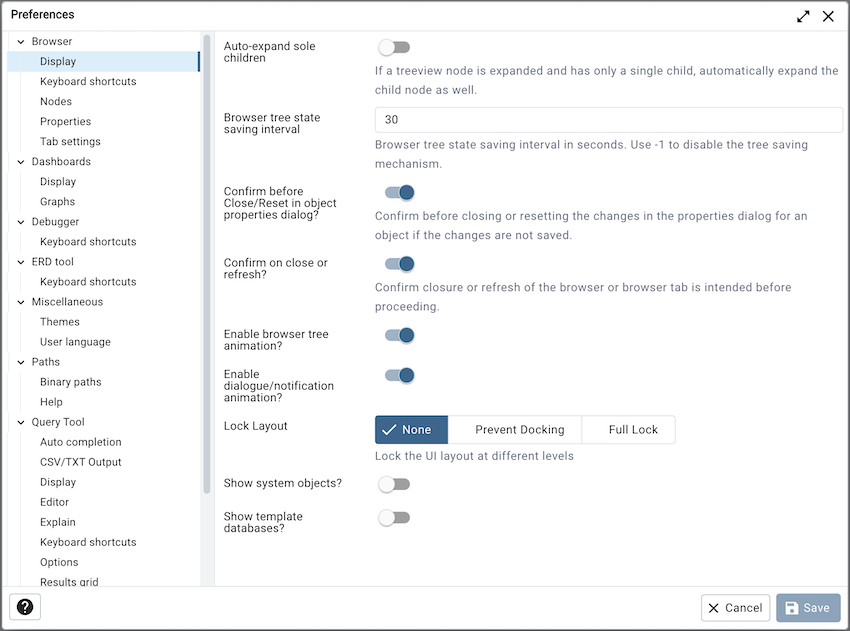 Preferences dialog browser display options