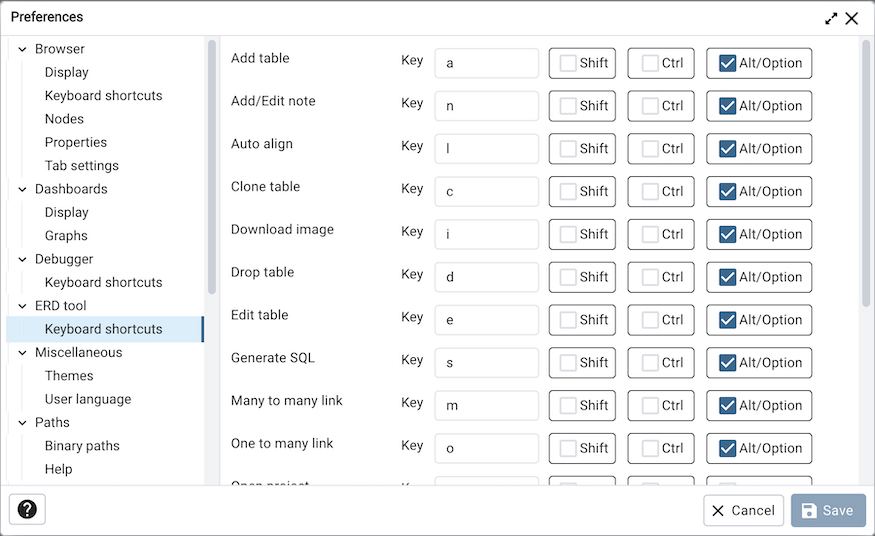 Preferences dialog erd keyboard shortcuts section