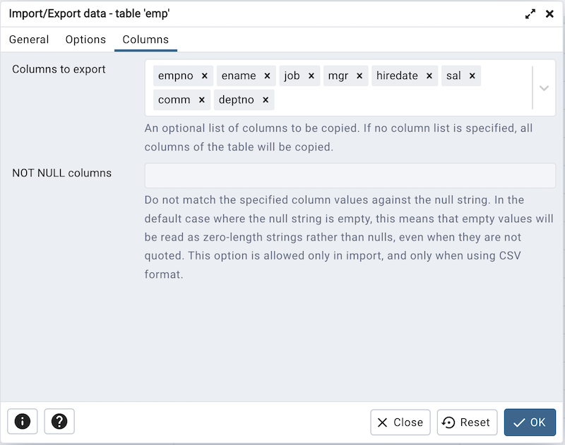 Import Export data dialog columns tab