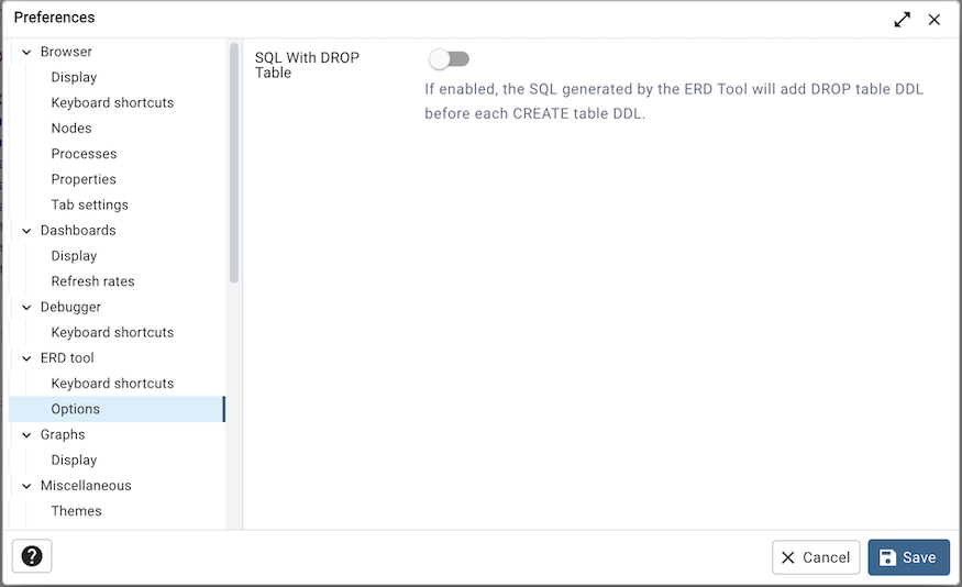 Preferences dialog erd options section