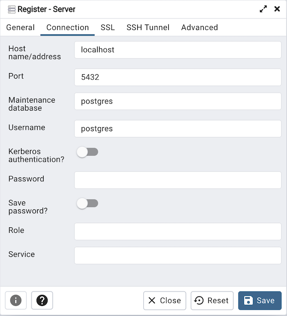 Server dialog connection tab