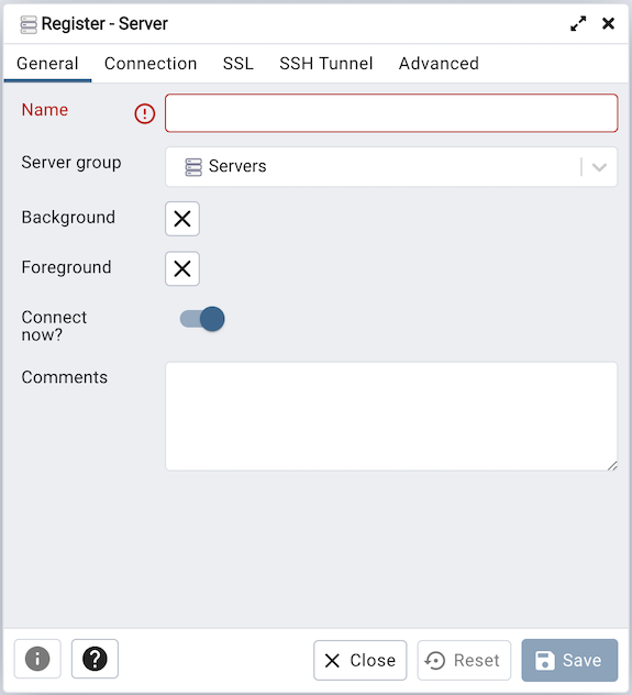Server dialog general tab