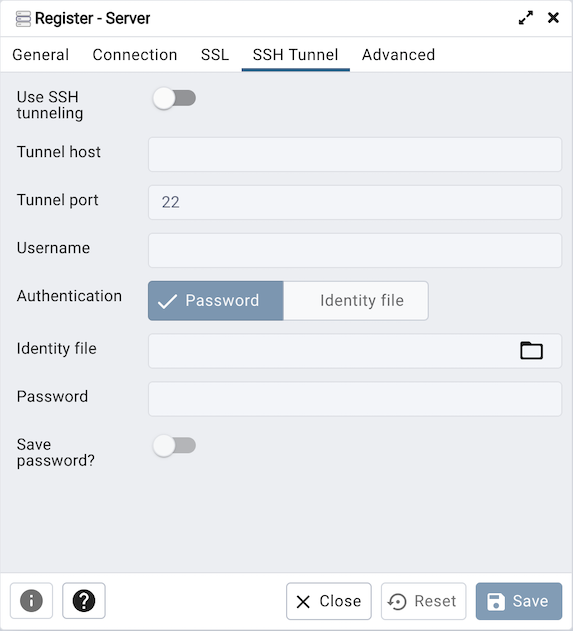 Server dialog ssh tunnel tab
