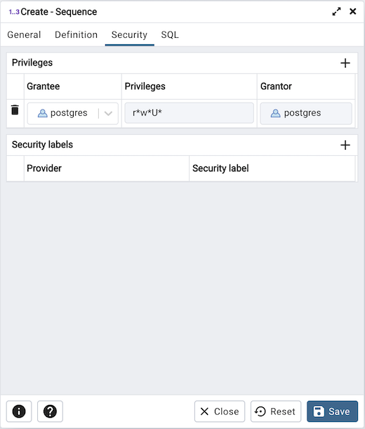 Sequence dialog security tab