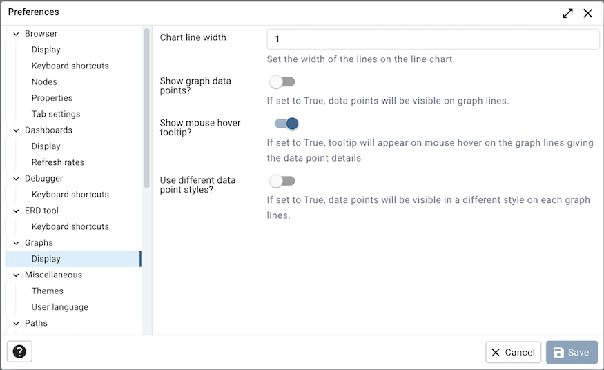 Preferences dialog dashboard graph options