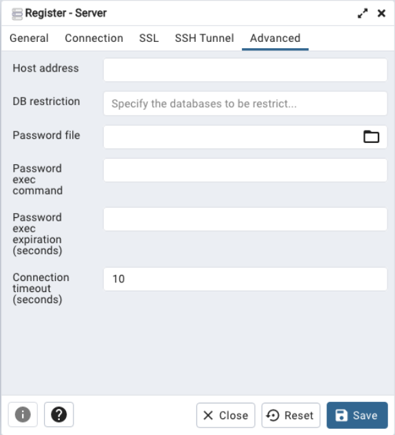 Server dialog advanced tab