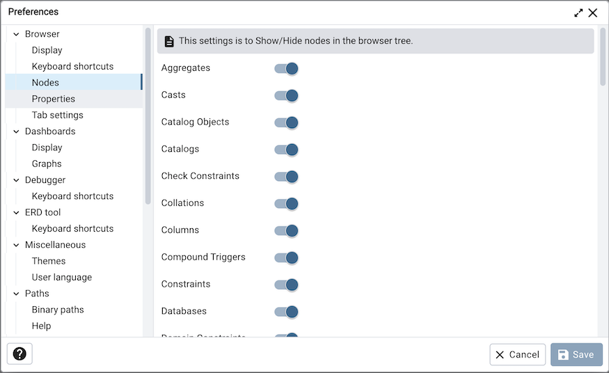 Preferences dialog browser nodes section