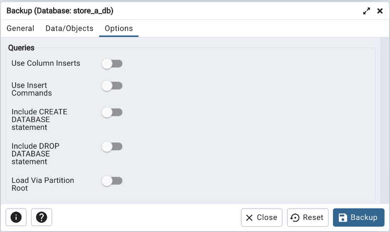 Queries option on backup dialog