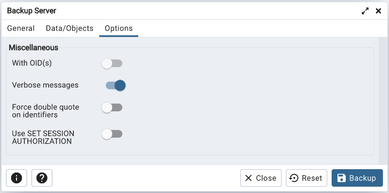 Miscellaneous option on backup server dialog