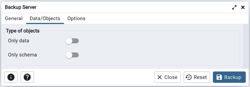 Type of objects option on backup server dialog
