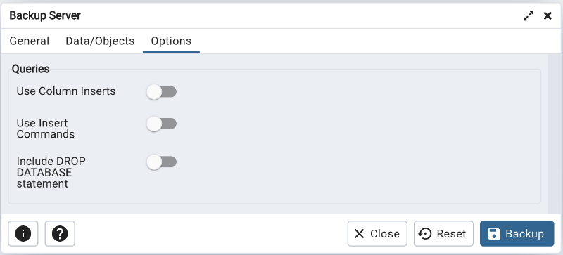 Queries option on backup server dialog