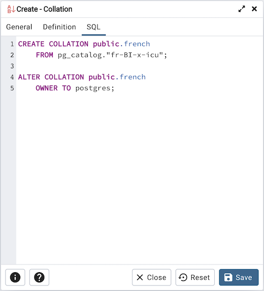 Collation dialog sql tab